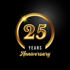25 years anniversary celebration. Anniversary logo with ring and elegance golden color isolated on black background, Vector Design for Greeting Card and Invitation Card
