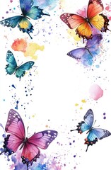 Watercolor butterflies with colorful splashes on a bright white background