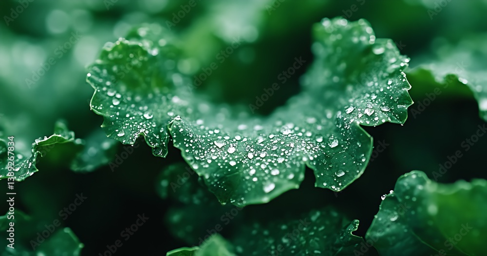 Poster macro shot of vibrant green kale leaf featuring glistening water droplets creating an alluring natur