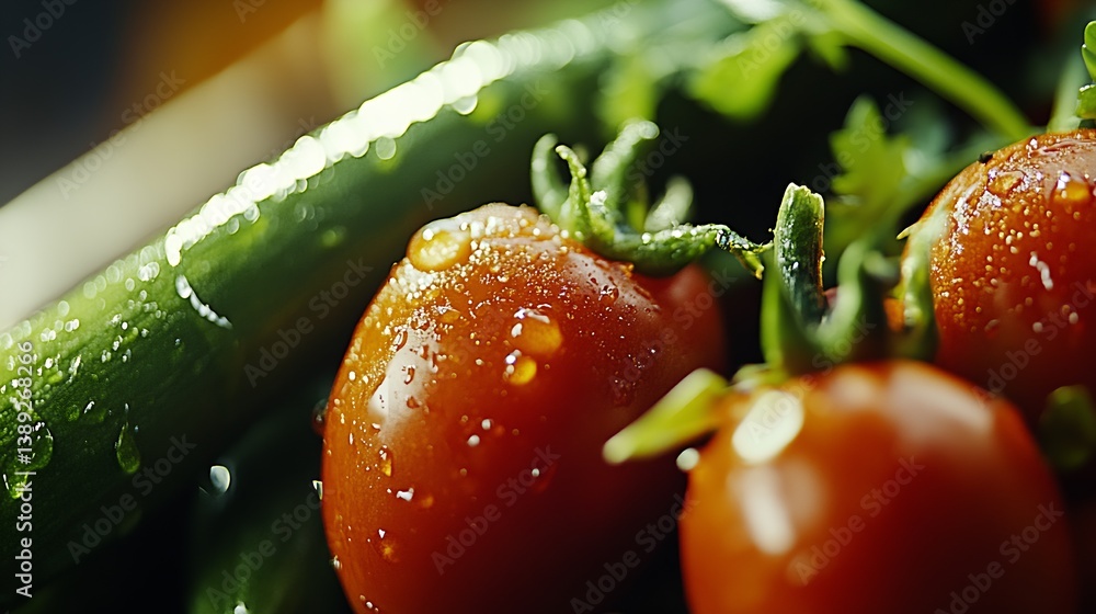 Aufkleber close-up of ripe tomatoes with drops of water set against green garnish and herbs : generative ai
