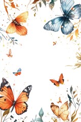 Watercolor butterflies with botanical elements arranged around a white background