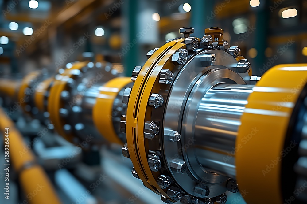 Poster Detailed View of Yellow Accented Industrial Pipe Work in a Modern Factory Setting : Generative AI