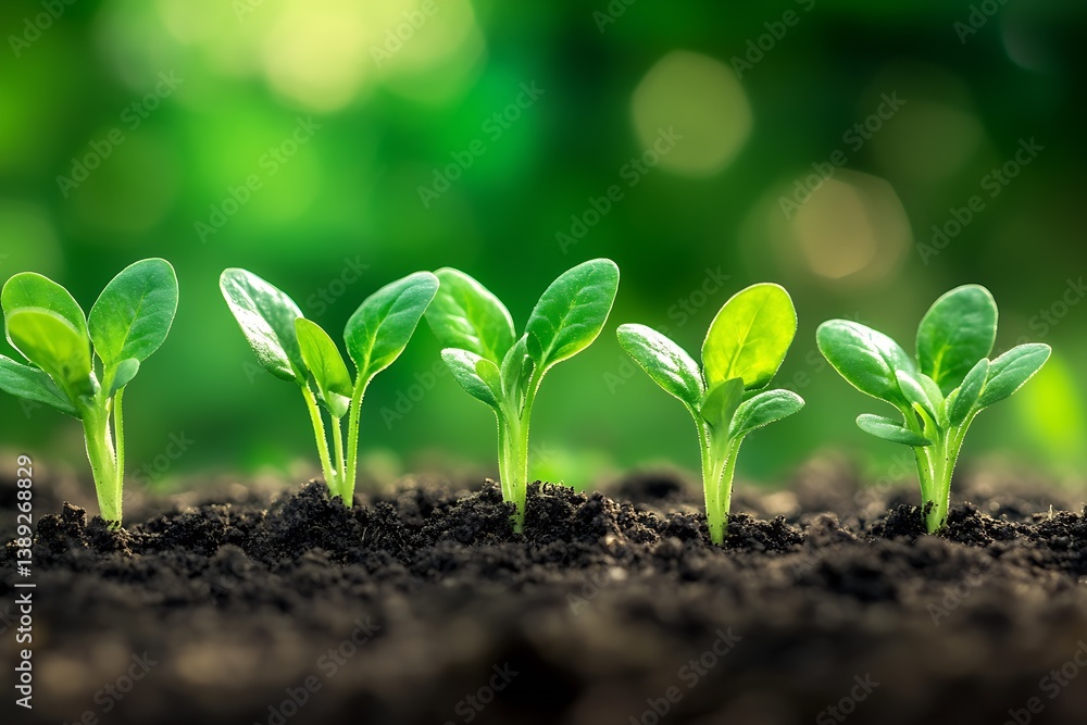 Aufkleber fresh green seedlings rising from dark soil in a lush garden setting with a beautiful blurred backgr