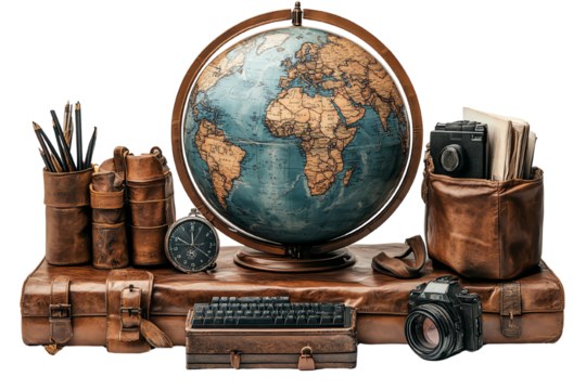 Stylish travel-themed desk setup featuring a globe, camera, books, and a keyboard on a vintage wooden surface. - Powered by Adobe