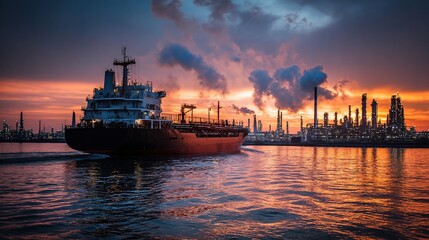 Fototapeta premium Cargo Ship Approaching Oil Refinery at Sunset with Dramatic Sky