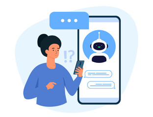 AI robot with speech bubble on mobile screen. Artificial intelligence character. Online communication, virtual support assistanc