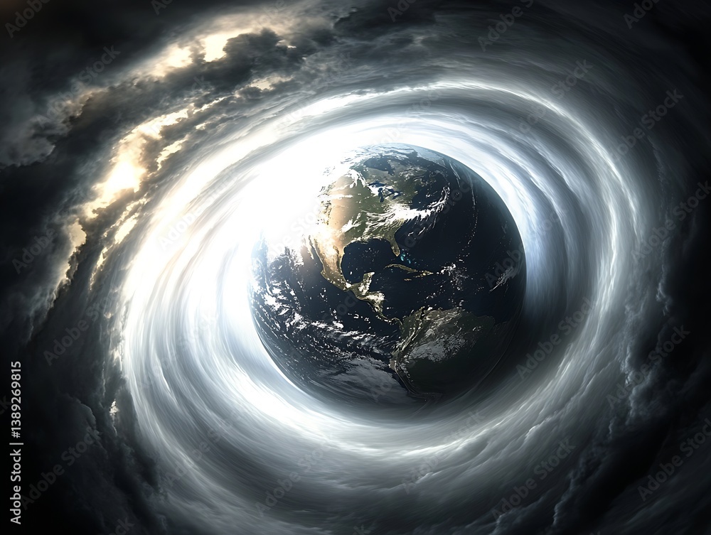 Poster stunning depiction of earth enveloped by dynamic clouds and light swirling in a cosmic tunnel : gene