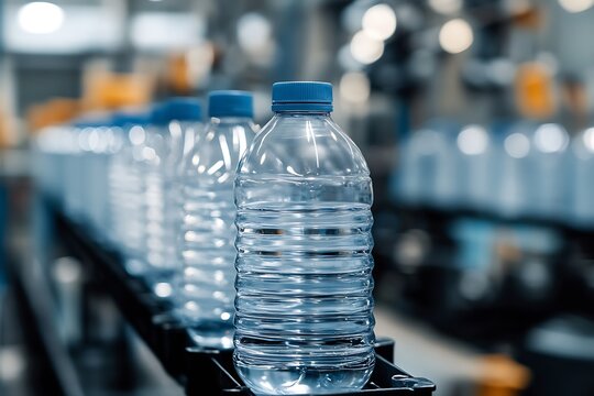 Production line of clear water bottles with blue caps in a sleek bottling plant demonstrating modern beverage technology : Generative AI