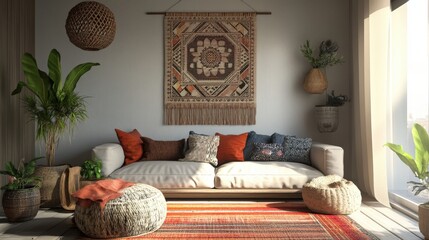 A beautifully decorated living room showcases cozy and bohemian elements