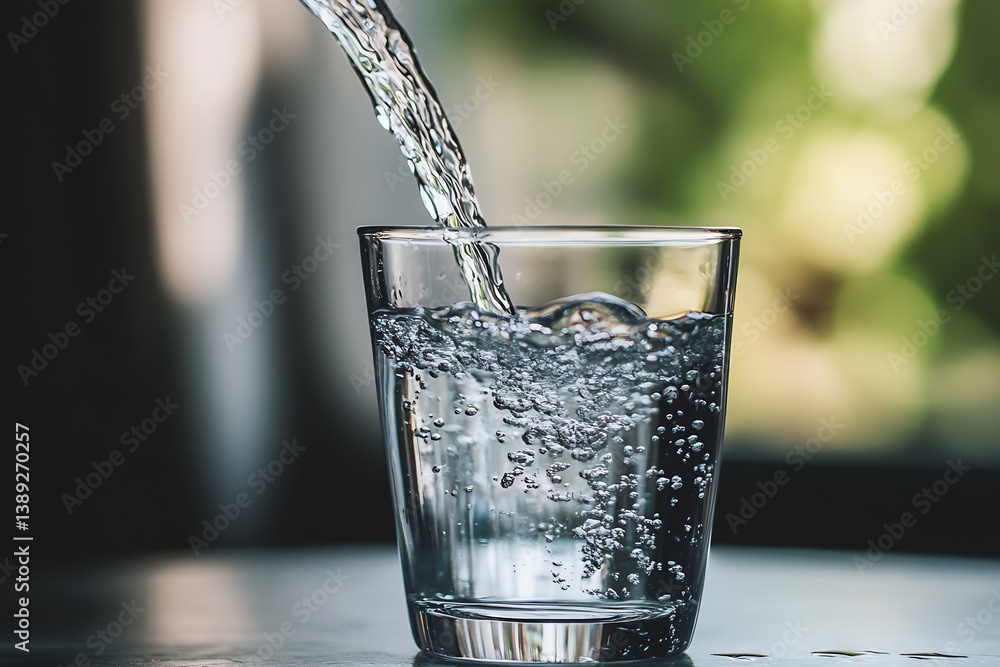 Poster close up of sparkling water being poured into a clear glass creating effervescent bubbles in a soft 