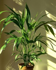 Fototapeta premium Lush indoor plant with vibrant green leaves basking in sunlight, casting playful shadows on the wall
