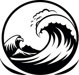 Naklejka premium Powerful Ocean Waves in a Circular Design Black and White Graphic Illustration vector silhouette line art