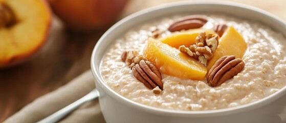 Bowl of oatmeal with peaches and nuts on top. the bowl is white and is sitting on a wooden table. the oatmeal is light brown in color and appears to be thick and creamy.