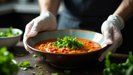 The chef beautifully served a plate of bean soup.