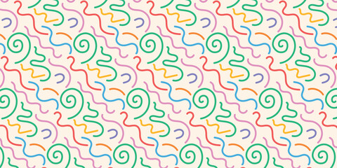 Fun and seamless line scribble pattern. Trendy Memphis geometric pattern. Creative abstract scribble style art background for kids or trendy design with basic shapes. Vector illustration.