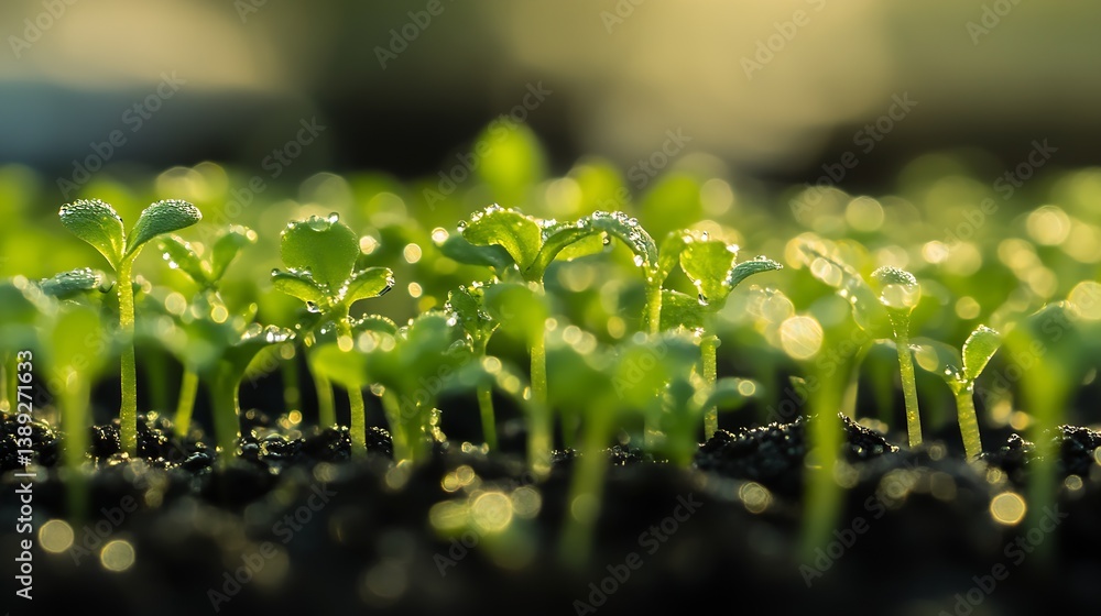 Poster illuminated seedlings with water drops captured in soft morning light : generative ai