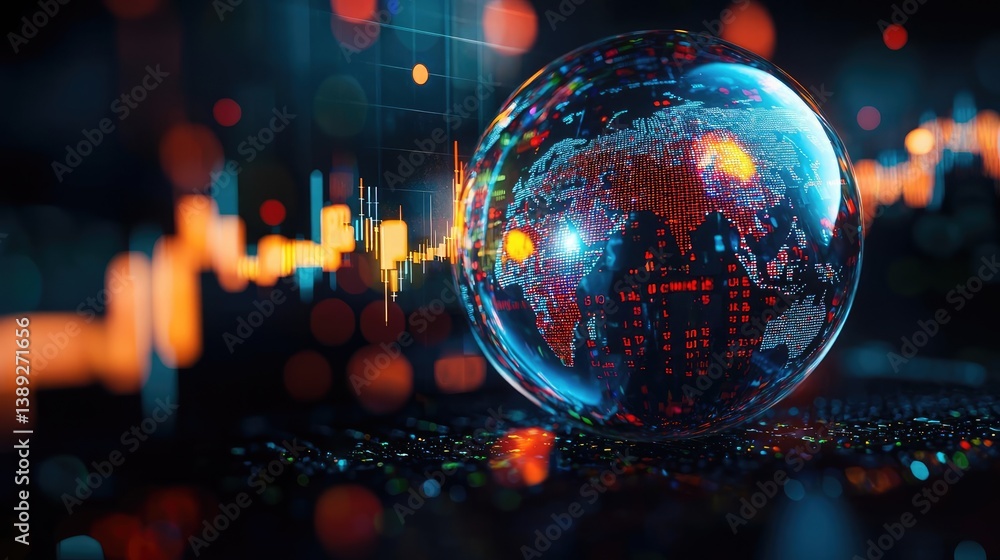 Poster candlestick in crystal globe with stock market prediction concept. futuristic globe showcasing data 