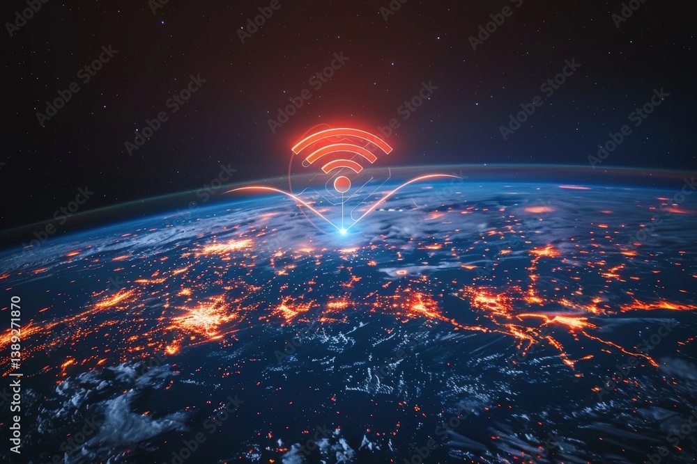Poster digital depiction of earth with wi-fi signal emanating from space.