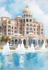 Naklejka premium A watercolor painting depicts an elegant building with fountains and sky