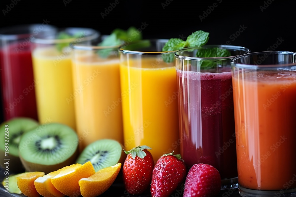 Poster assorted colorful fruit juices in glasses surrounded by fresh fruit and mint on a black background :