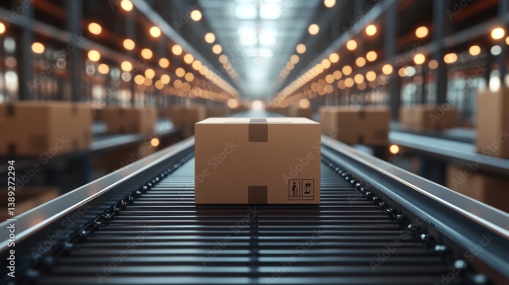 Poster Delivery boxes are moving on a conveyor belt in a spacious, well lit warehouse designed for efficient logistics and automation, highlighting advanced transportation systems in action.