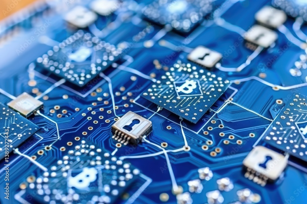 Poster close-up of a blue circuit board with intricate details and components.