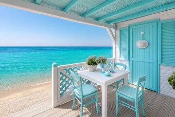 Fototapeta premium A cozy beachside bungalow with an open terrace, overlooking the turquoise sea