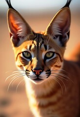 Obraz premium A striking close-up portrait of a Caracal cat with pointed ears, sharp eyes, and intricate facial markings. The image highlights the cat's alertness and captivating gaze