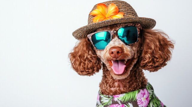 Fototapeta Cheerful toy poodle in hawaiian shirt and straw hat with flower embracing summer vibes