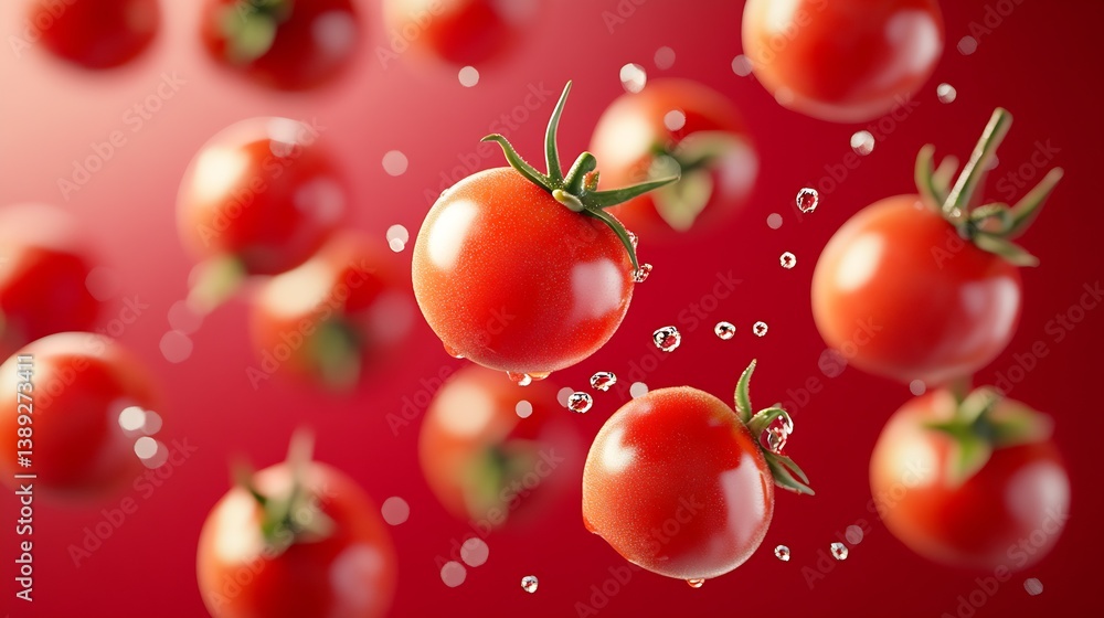Poster beautiful red tomatoes with water droplets captured in a stunning close-up for culinary use : genera