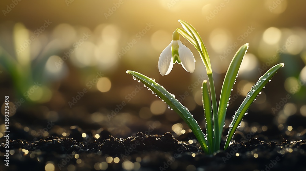 Poster close-up view of snowdrop flowers surrounded by dewdrops in soft sunrise light : generative ai