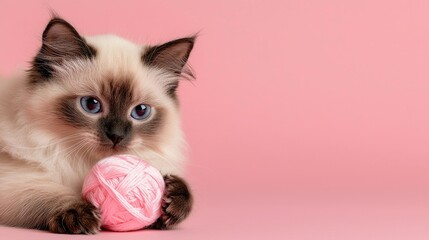 Cute kitten with pink yarn ball