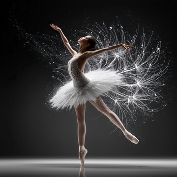 Elegant ballerina en pointe in dynamic pose with white tutu transforming into drifting dandelion seeds in graceful motion