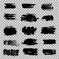 Black brushstroke and ink blot designs on a transparent background, splatters, streaks, and smudges.