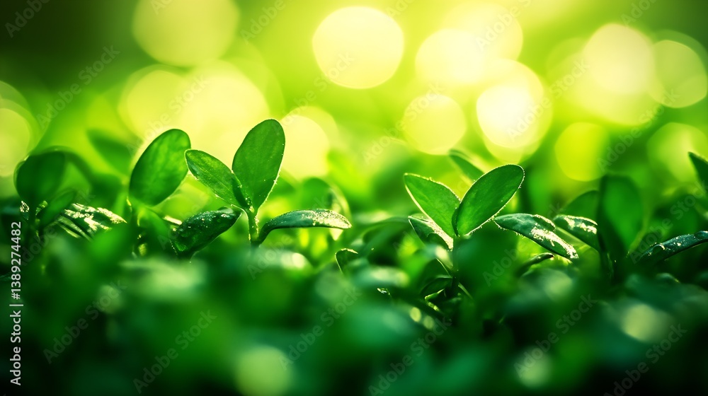 Poster close up of beautifully arranged green seedlings with soft bokeh and sunlight shining through : gene