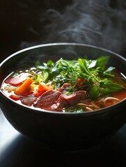 Close-up of a bowl of soup. the soup appears to be a type of noodle soup with chunks of meat and vegetables mixed in. the bowl is black and is placed on a dark surface.
