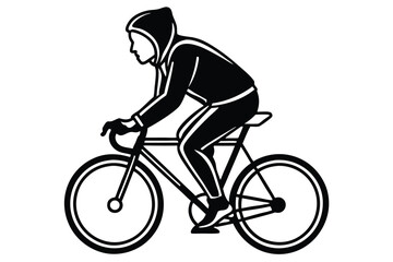 Naklejka premium A man bicycling silhouette wearing a hoodie, using flat solid black color design, vector illustration design on a white background.