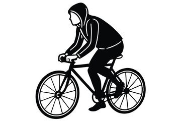 Naklejka premium A man bicycling silhouette wearing a hoodie, using flat solid black color design, vector illustration design on a white background.