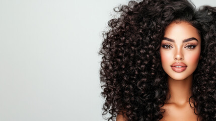 Beautiful woman with long curly hair posing elegantly in soft lighting for fashion and beauty inspiration
