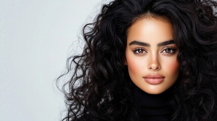 Elegant beauty portrait with long curly hair showcasing stunning big curls and confidence