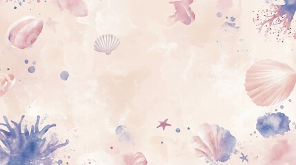 Pastel Seashells and Watercolor Splashes: Summer Beach Background