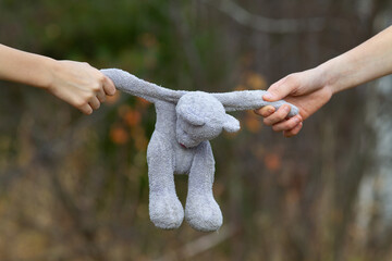 hands of children snatching a teddy bear from each other