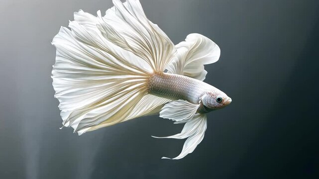Elegant white betta fish in graceful motion against a soft backdrop