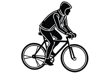 Naklejka premium A man bicycling silhouette wearing a hoodie, using flat solid black color design, vector illustration design on a white background.