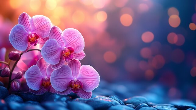 Pink Orchids on Stones with Bokeh Background