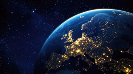 Obraz premium Stunning view of planet earth at night with glowing city lights in europe - space and geography conceptual art for science and education