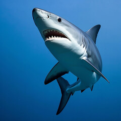Great White Shark Swimming Underwater with Open Mouth and Sharp Teeth.