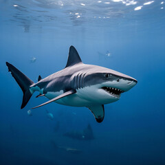 Fototapeta premium Great White Shark Swimming Underwater with Open Mouth and Sharp Teeth.