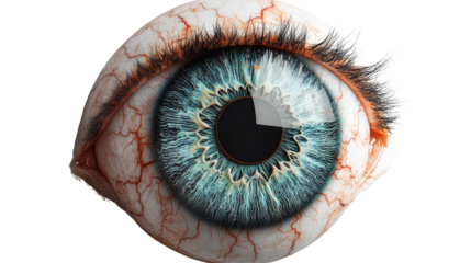 Human eye macro closeup illustration shows a blue iris circle, capturing the light for clear vision and sight