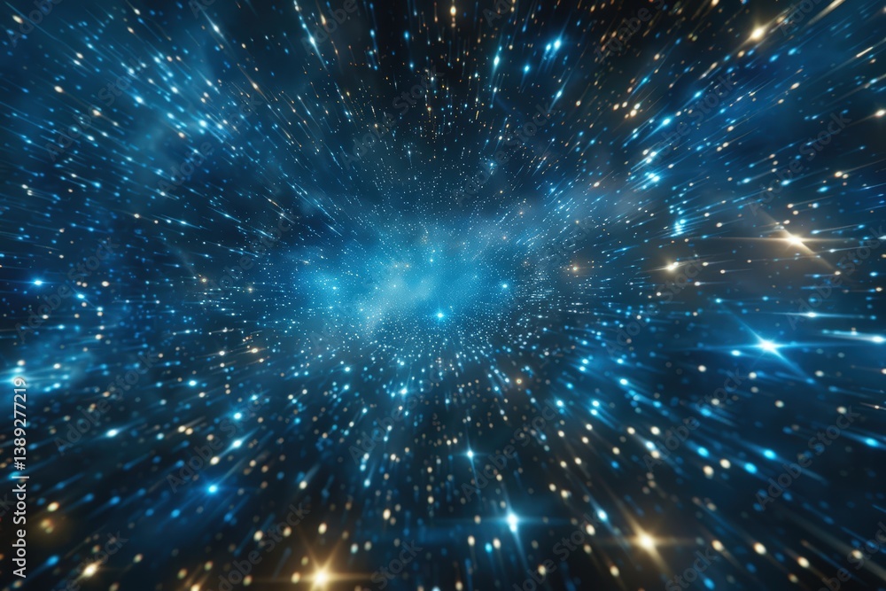 Poster cosmic explosion of light and stars in deep space.